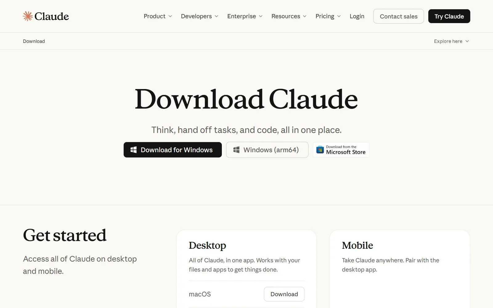 Claude 官方下載頁，列出 Windows、Mac 桌面版與手機版下載